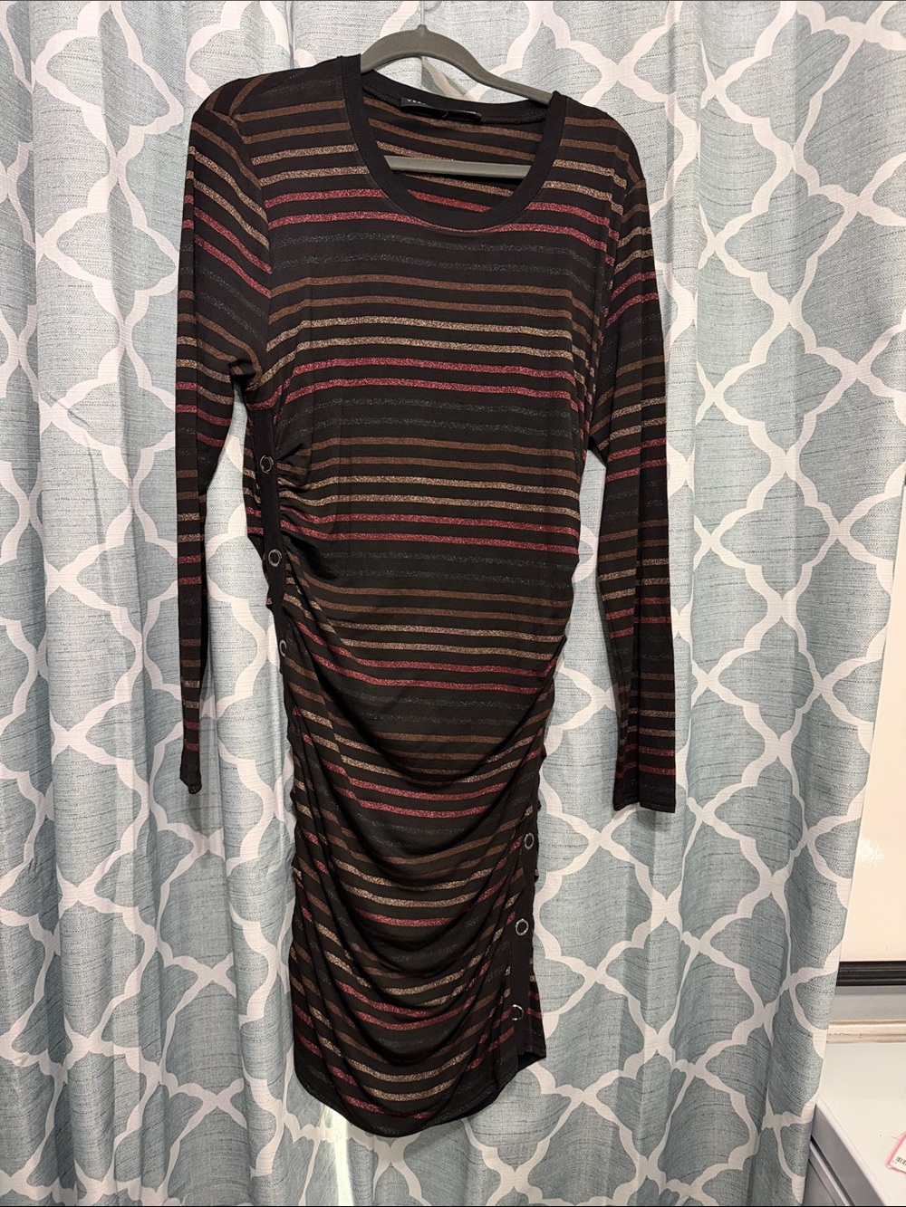 Veronica Beard Black Striped Long-Sleeve Ruched Dress with Brown and Red Accents